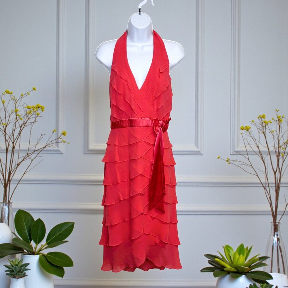 Lillie Rubin l Coral Pink Chiffon Ruffle Halter Dress | Size 6
